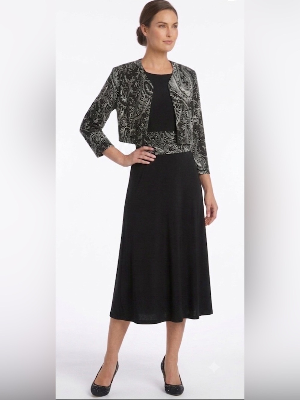 NWT Jessica Howard black and white paisley dress set beaded bolero jacket 12
